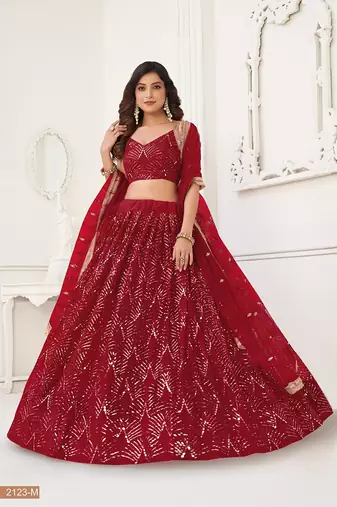 Maroon Net Embroidered & Thread Work Semi Stitched Lehenga Choli