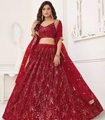 Maroon Net Embroidered & Thread Work Semi Stitched Lehenga Choli