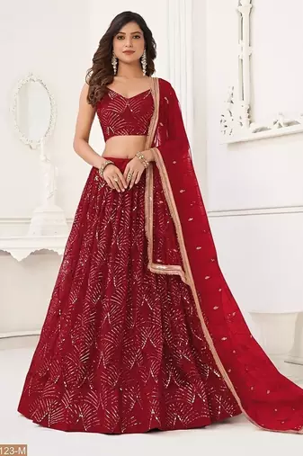 Maroon Net Embroidered & Thread Work Semi Stitched Lehenga Choli