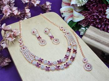 Purple rose gold premium designer american diamond and stone work necklace set 2