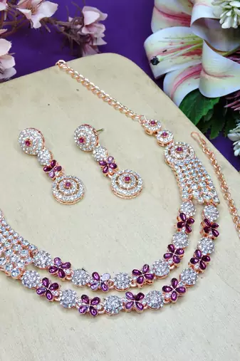 Purple rose gold premium designer american diamond and stone work necklace set