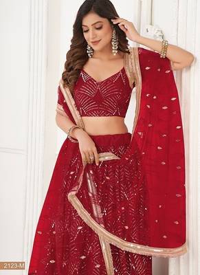 Maroon Net Embroidered & Thread Work Semi Stitched Lehenga Choli 4
