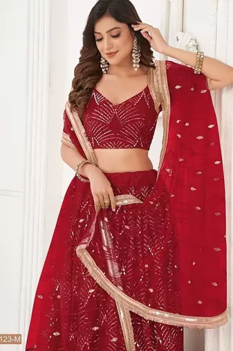 Maroon Net Embroidered & Thread Work Semi Stitched Lehenga Choli