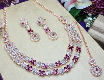 Purple rose gold premium designer american diamond and stone work necklace set 3
