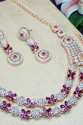 Purple rose gold premium designer american diamond and stone work necklace set