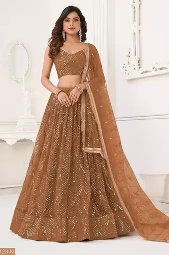Brown Net Embroidered & Thread Work Semi Stitched Lehenga Choli