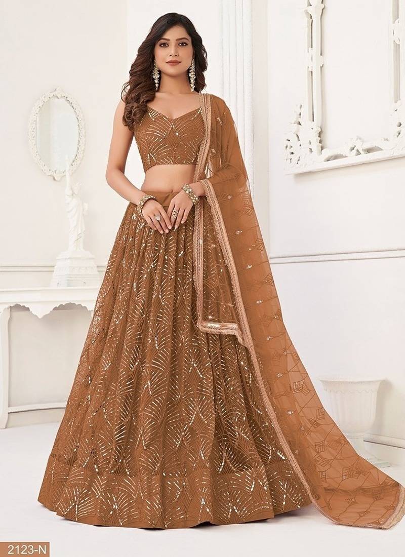 Brown Net Embroidered & Thread Work Semi Stitched Lehenga Choli