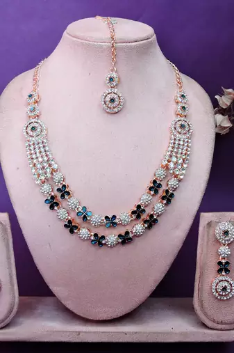 Blue rose gold premium designer american diamond and stone work necklace set