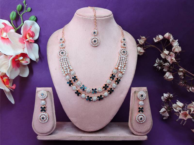 Blue rose gold premium designer american diamond and stone work necklace set