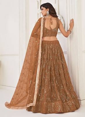 Brown Net Embroidered & Thread Work Semi Stitched Lehenga Choli 2