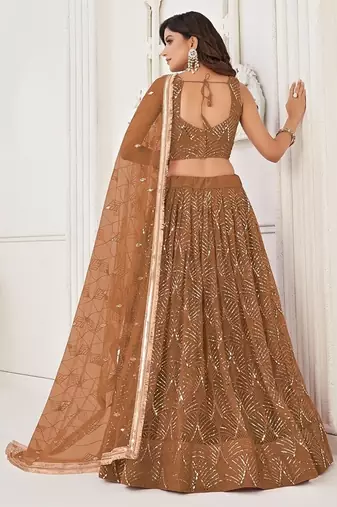 Brown Net Embroidered & Thread Work Semi Stitched Lehenga Choli