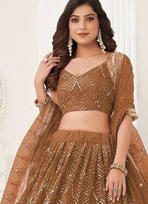 Brown Net Embroidered & Thread Work Semi Stitched Lehenga Choli 3