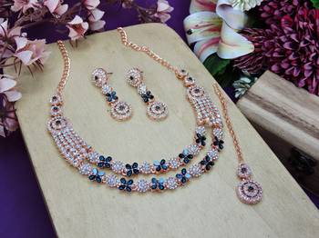 Blue rose gold premium designer american diamond and stone work necklace set 2