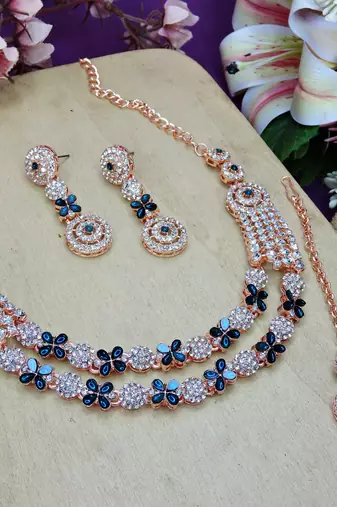 Blue rose gold premium designer american diamond and stone work necklace set