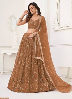 Brown Net Embroidered & Thread Work Semi Stitched Lehenga Choli 4