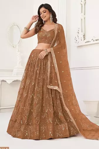 Brown Net Embroidered & Thread Work Semi Stitched Lehenga Choli