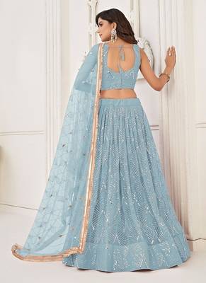 Sky Blue Net Embroidered & Thread Work Semi Stitched Lehenga Choli 1