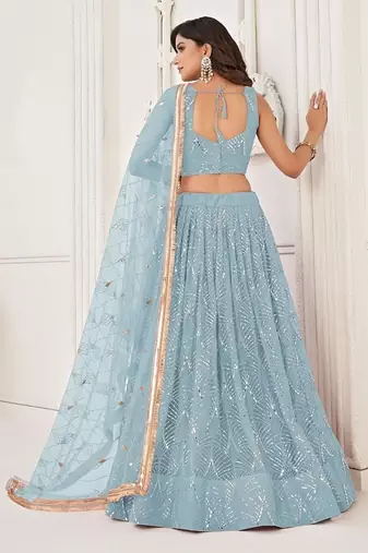 Sky Blue Net Embroidered & Thread Work Semi Stitched Lehenga Choli