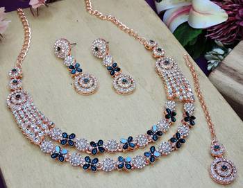 Blue rose gold premium designer american diamond and stone work necklace set 3