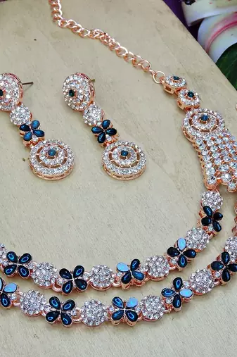Blue rose gold premium designer american diamond and stone work necklace set