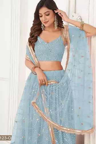 Sky Blue Net Embroidered & Thread Work Semi Stitched Lehenga Choli