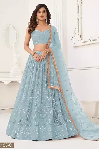 Sky Blue Net Embroidered & Thread Work Semi Stitched Lehenga Choli