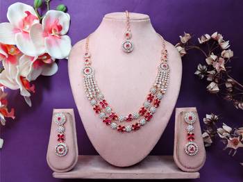 Pink rose gold premium designer american diamond and stone work necklace set 1