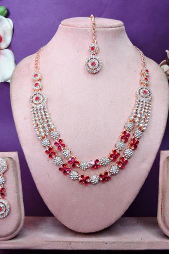 Pink rose gold premium designer american diamond and stone work necklace set