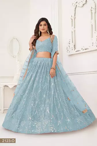 Sky Blue Net Embroidered & Thread Work Semi Stitched Lehenga Choli