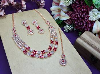 Pink rose gold premium designer american diamond and stone work necklace set 2