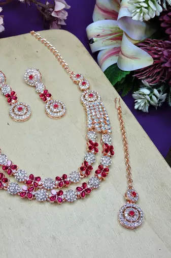 Pink rose gold premium designer american diamond and stone work necklace set