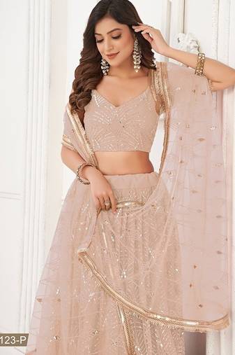 Peach Net Embroidered & Thread Work Semi Stitched Lehenga Choli