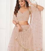 Peach Net Embroidered & Thread Work Semi Stitched Lehenga Choli