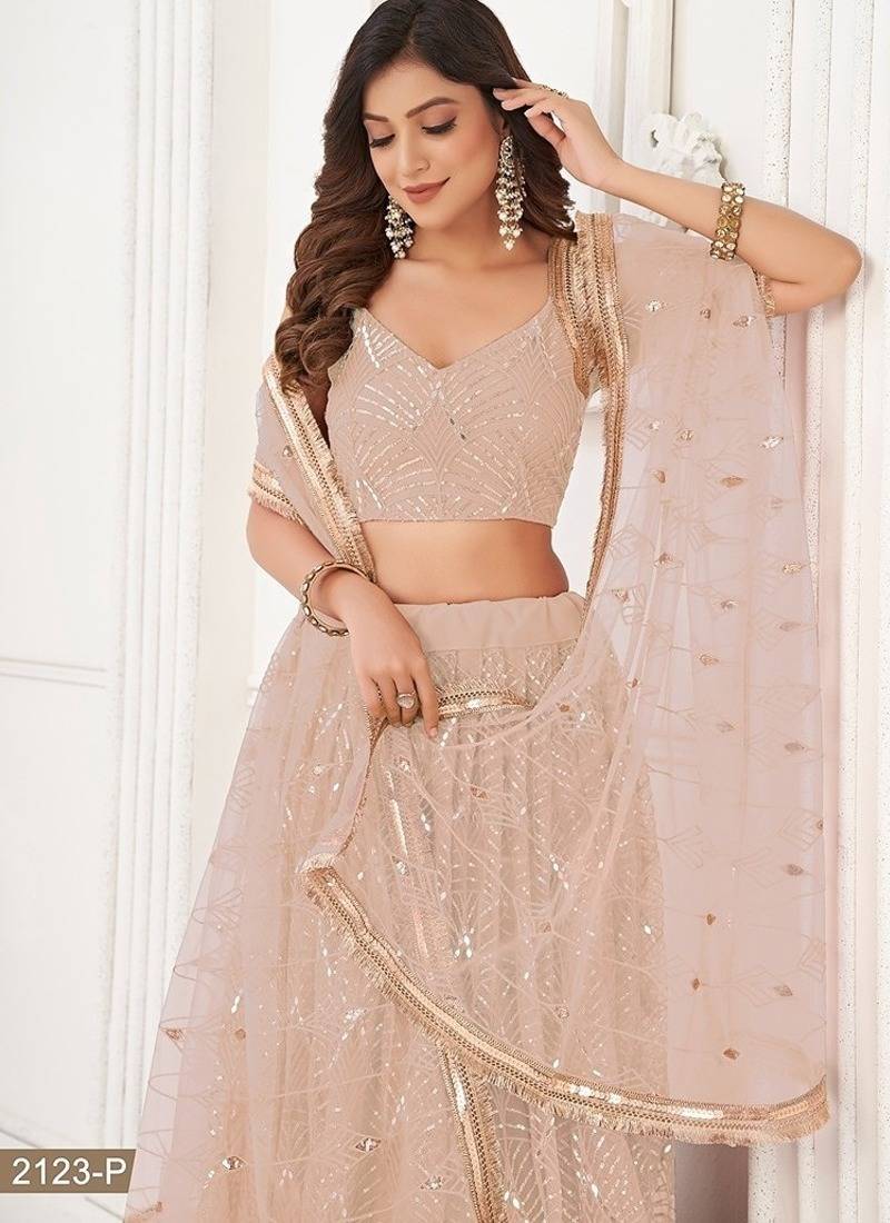 Peach Net Embroidered & Thread Work Semi Stitched Lehenga Choli