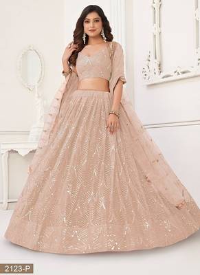 Peach Net Embroidered & Thread Work Semi Stitched Lehenga Choli 2