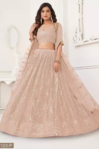 Peach Net Embroidered & Thread Work Semi Stitched Lehenga Choli
