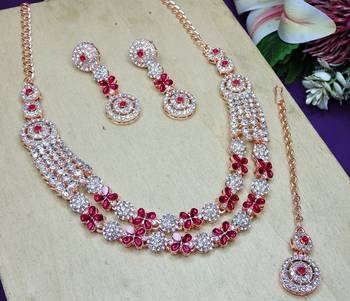 Pink rose gold premium designer american diamond and stone work necklace set 3