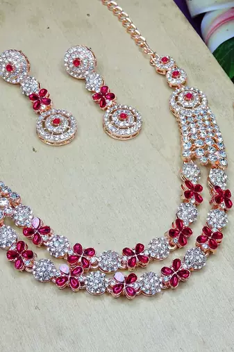 Pink rose gold premium designer american diamond and stone work necklace set