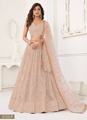 Peach Net Embroidered & Thread Work Semi Stitched Lehenga Choli 3