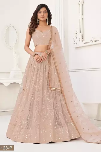 Peach Net Embroidered & Thread Work Semi Stitched Lehenga Choli