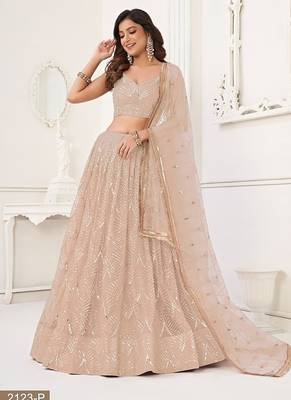 Peach Net Embroidered & Thread Work Semi Stitched Lehenga Choli 4