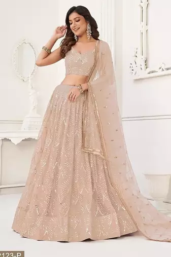Peach Net Embroidered & Thread Work Semi Stitched Lehenga Choli