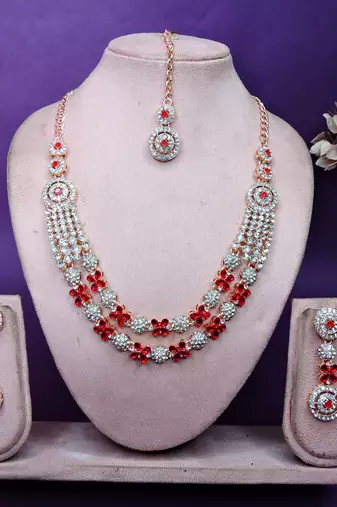 Red rose gold premium designer american diamond and stone work necklace set