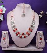 Red rose gold premium designer american diamond and stone work necklace set