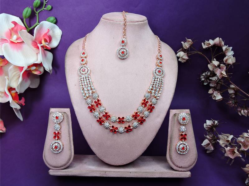 Red rose gold premium designer american diamond and stone work necklace set