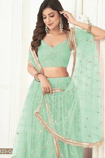 Green Net Embroidered & Thread Work Semi Stitched Lehenga Choli