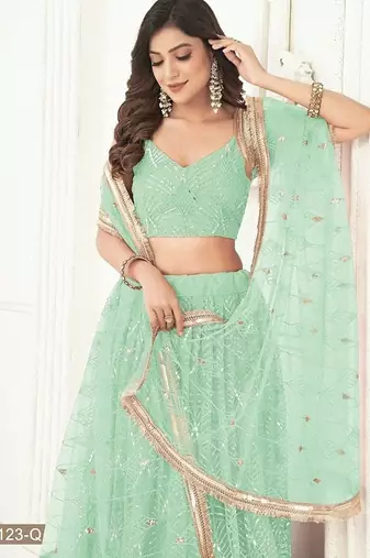 Green Net Embroidered & Thread Work Semi Stitched Lehenga Choli