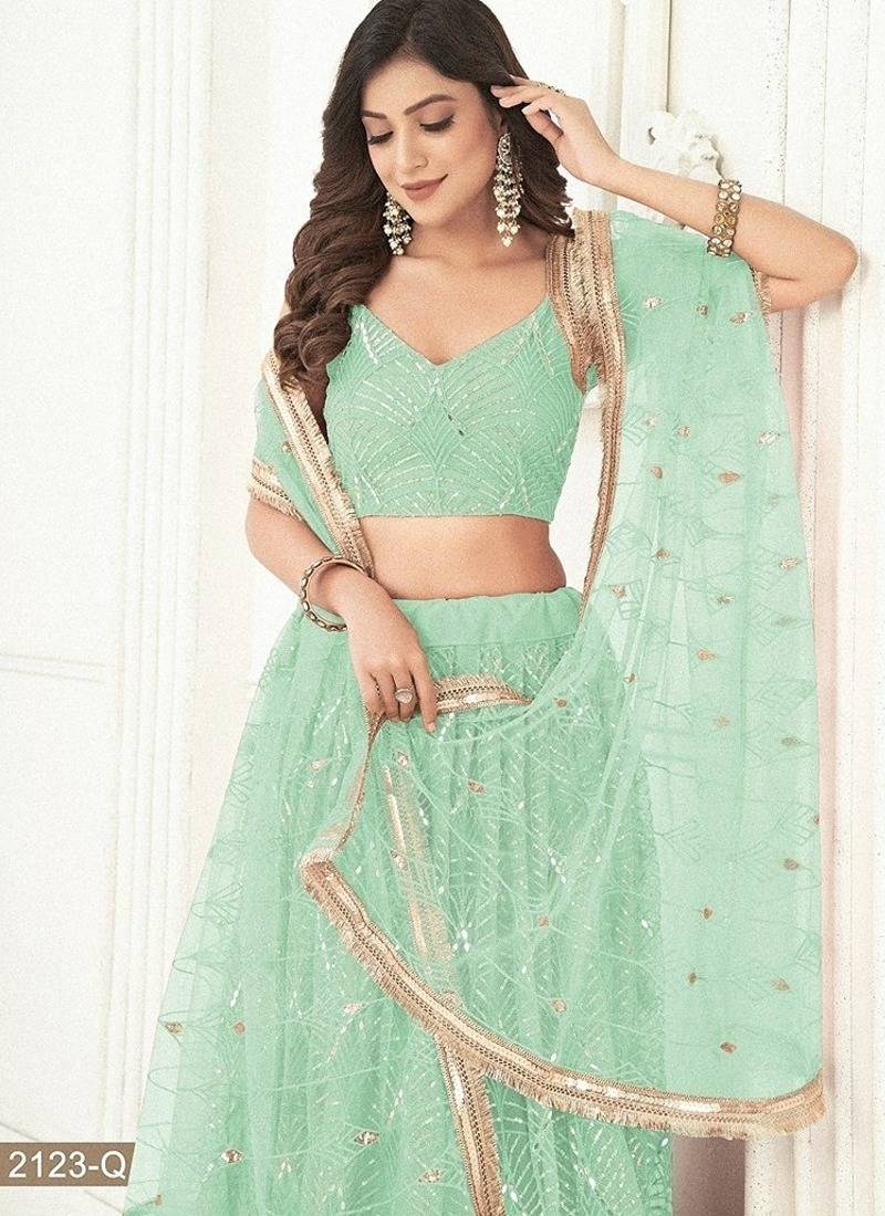 Green Net Embroidered & Thread Work Semi Stitched Lehenga Choli