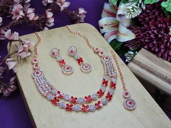 Red rose gold premium designer american diamond and stone work necklace set 2