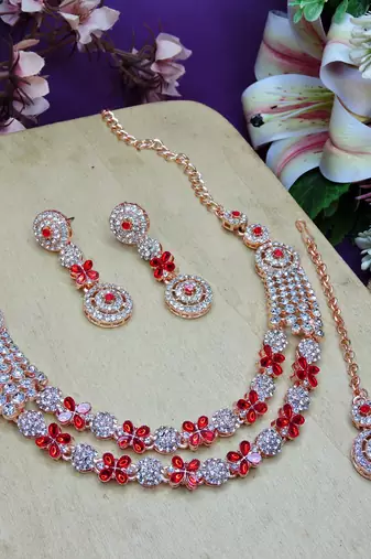 Red rose gold premium designer american diamond and stone work necklace set
